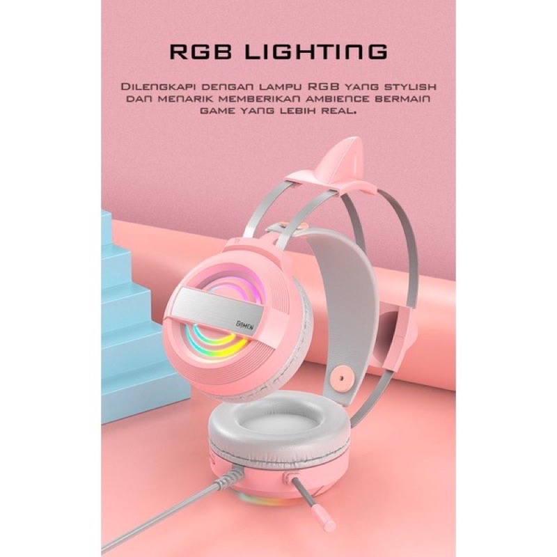 Ready Stok Headset Earphone Headphone Gaming Cat Ear GH1100 PINK LED 50MM Power Driver