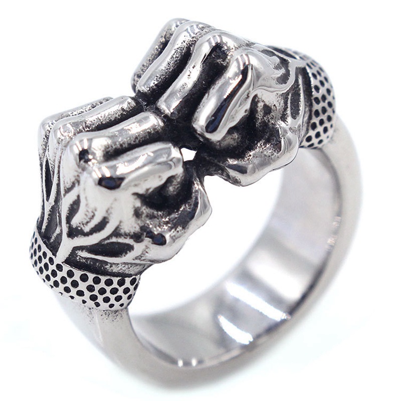 Cincin Desain Kepalan Tangan Ganda Bahan Logam Gaya Punk Rock Kasual Untuk Pria
