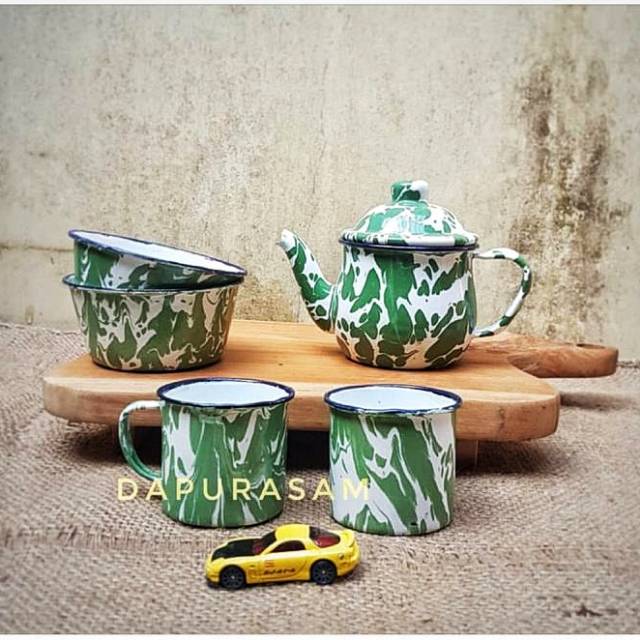 Set Mini Lurik Enamel (Mug,Teko, Mangkok) Vintage Blirik Jadu