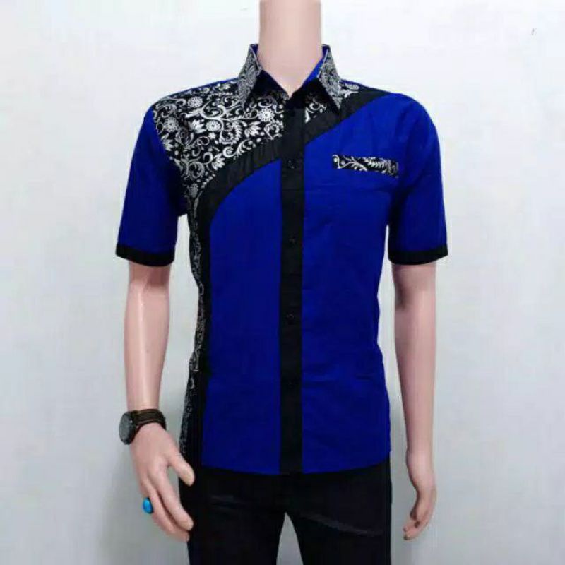 Maura/Couple Kombinasi/Sania Ruffle Batik Couple Pesta S.M.L.XL.XXL-Cowok pendek biru