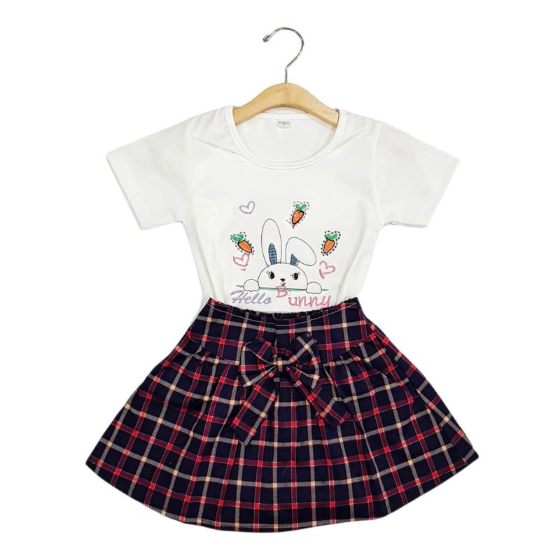 SETELAN ROK FASHION ANAK PEREMPUAN 1 TAHUN MOTIF KOTAK POLOS PITA