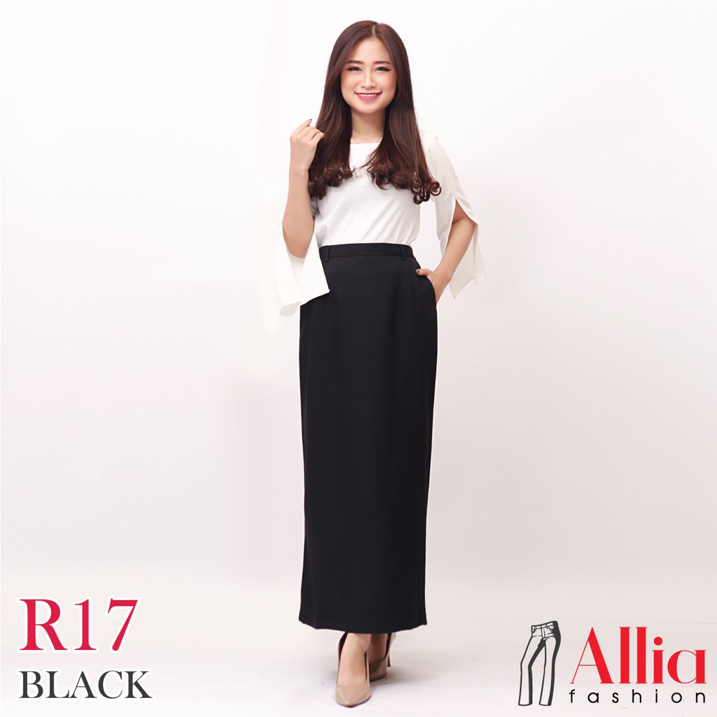 ALLIA R17 BLACK M - 7L - ROK HITAM - ROK SPAN WANITA - ROK WANITA PANJANG - ROK PANJANG