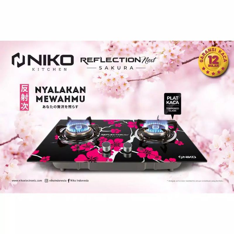 Kompor Gas Niko Reflection Tempered Glass 2 Tungku Api Tornado Biru Tanam / Meja Garansi Resm