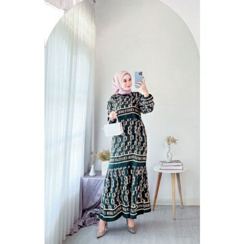 DIOR - Midi Dress Motif Dior Bahan Rayon Premium Terbaru Gamis Andin