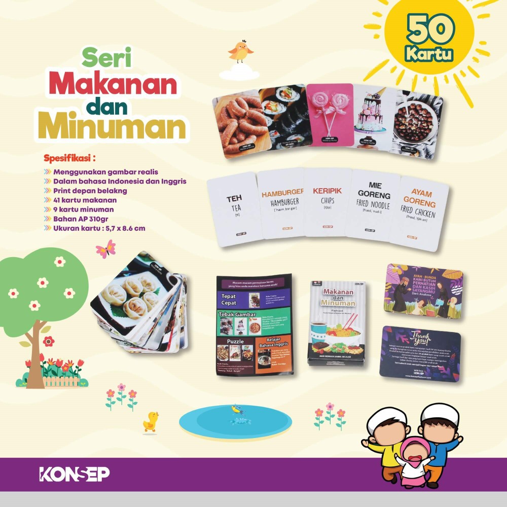 Flash Card Makanan dan Minuman - Kartu Belajar Anak Bergambar - Konsep Studio Original