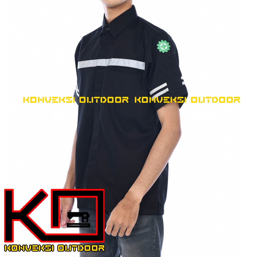 KEMEJA WEARPACK BAJU SAFETY K3 OUTDOOR INDOOR - Seragam Kemeja Kerja Lapangan Lengan Pendek Proyek Bangunan Tambang Alat Berat PLN Enginer Instalasi Mesin werpek sefti Scotlit Warna Hitam Konveksi Outdoor