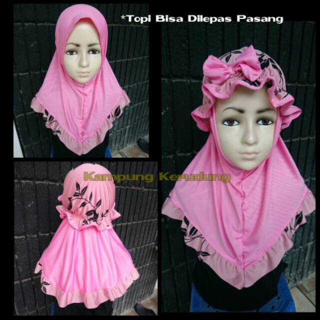 Jilbab Anak Pita Topi Bunga (topi bisa dilepas) 2 in 1 jilbab bayi balita lucu