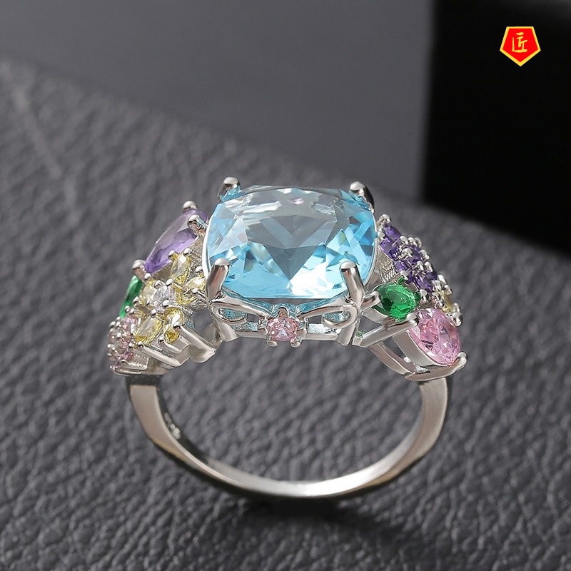 [Ready Stock]Colorful Gemstone Square Ring Sweet and Elegant