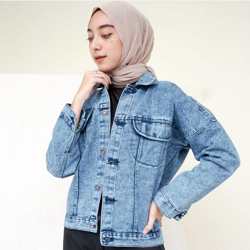 Jaket Jeans Oversize LD 110 - 150 // Jaket Jumbo Saku Wanita Sandwash Denim Premium-OVAMI SW BIRU LD120