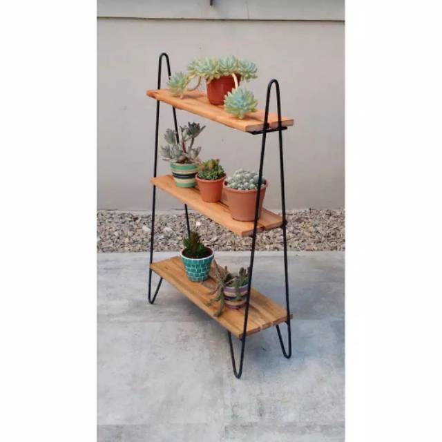 Rak pot bunga besi kayu 3 susun