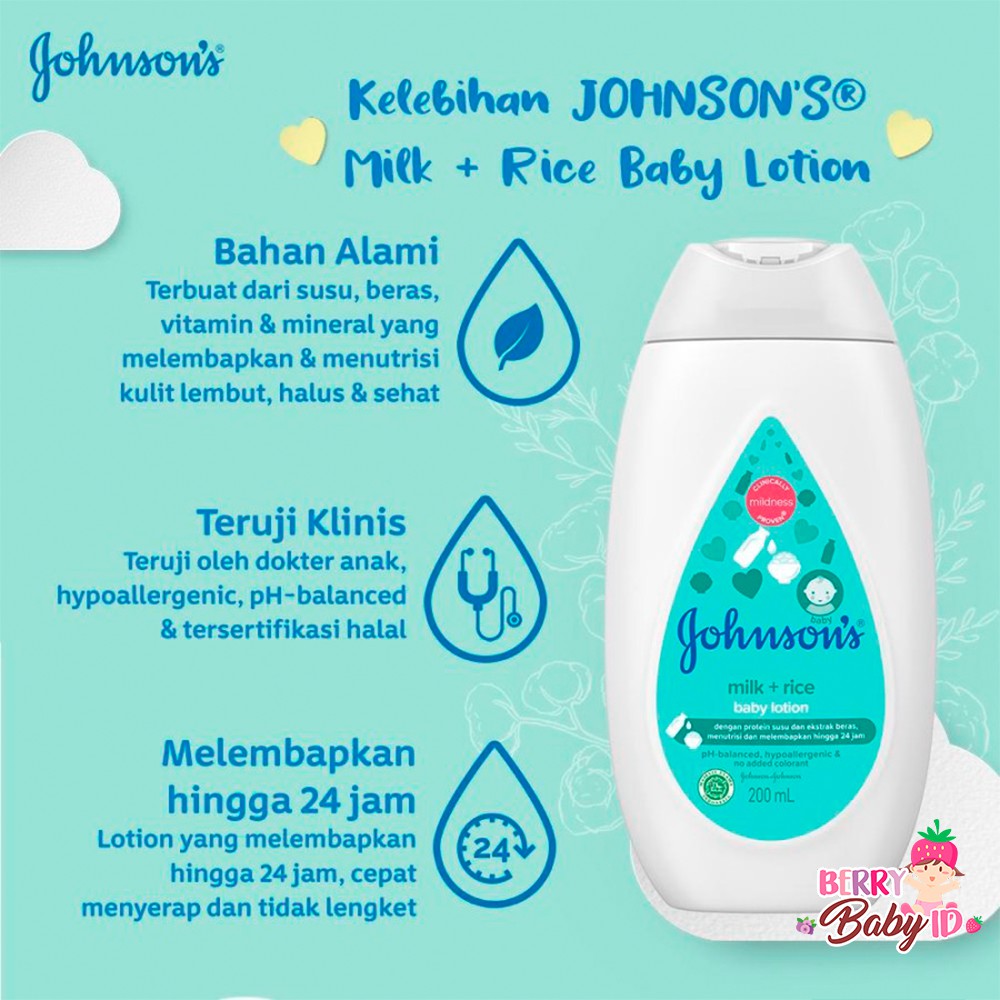 Johnson's Milk &amp; Rice Baby Lotion Losion Bayi Johnsons 200 ml Berry Mart