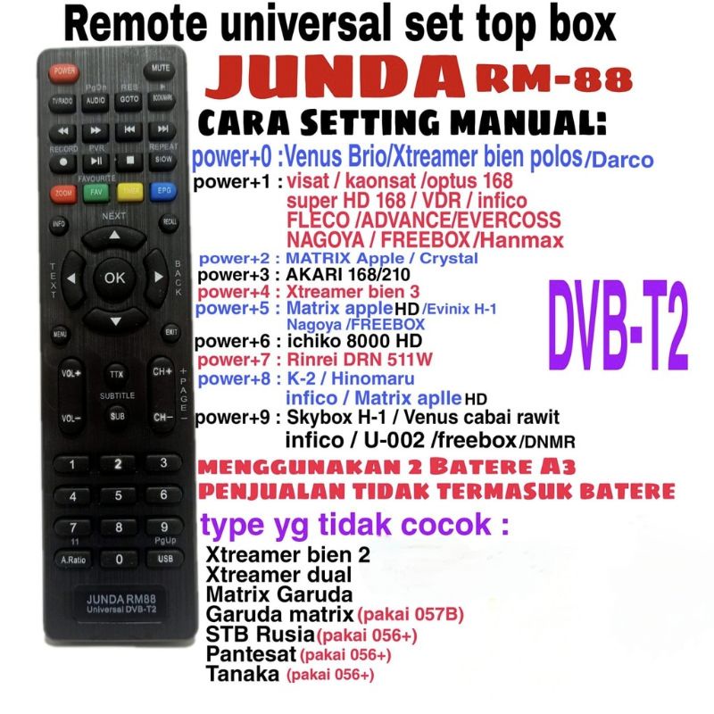 REMOTE REMOT MULTI UNIVERSAL SET TOP BOX  RM88 Fleco-Akari-Nagoya-Matrix-Venus-Rinrei-Skybox-Advance-Evercoss-Ichiko-U002