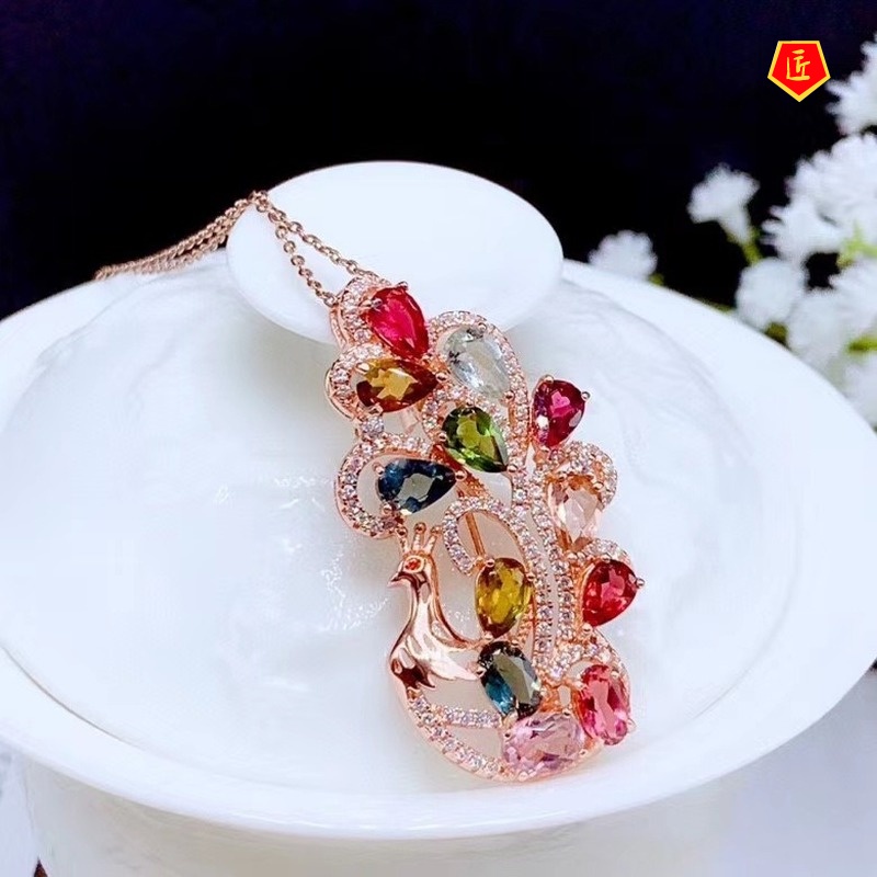 [Ready Stock]Gem Peacock Pendant Creative Micro Inlaid Zircon Dual-Wear Brooch Necklace