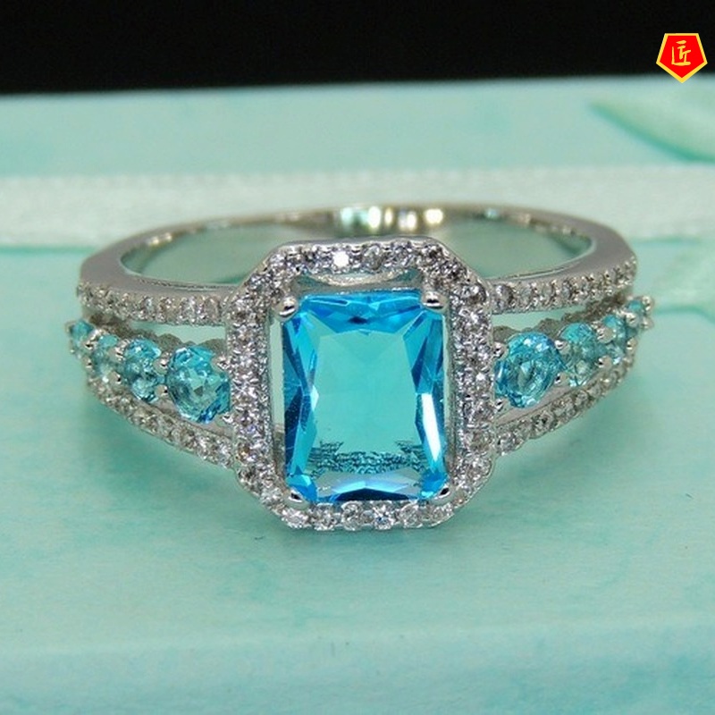 [Ready Stock]New Topaz Blue Crystal Ring Personality Fashion