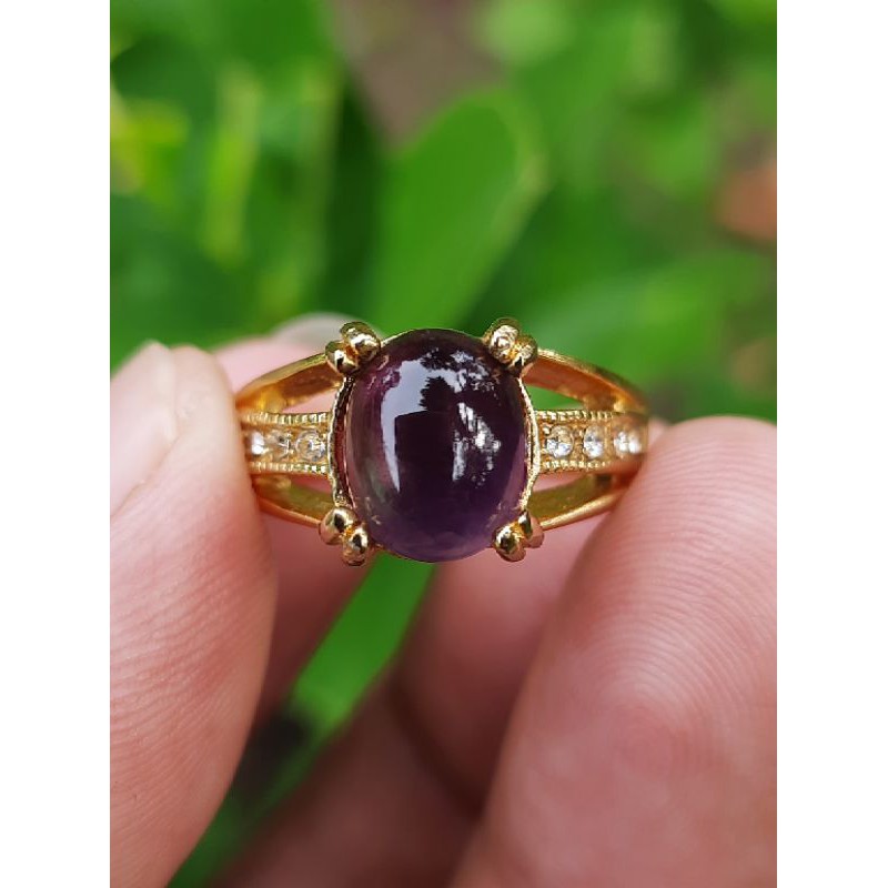 Natural Cincin Akik Batu Kecubung Ungu untuk Cewek / Perempuan Ring Warna Kuning Emas
