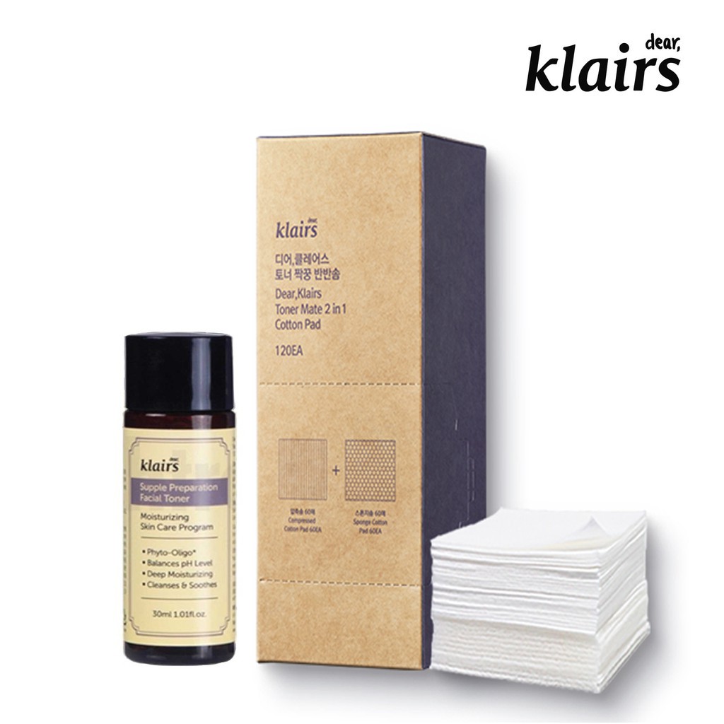 KLAIRS Supple Preparation Facial Toner Miniature 30ml Toner Mate 2 in 1 Cotton Pad