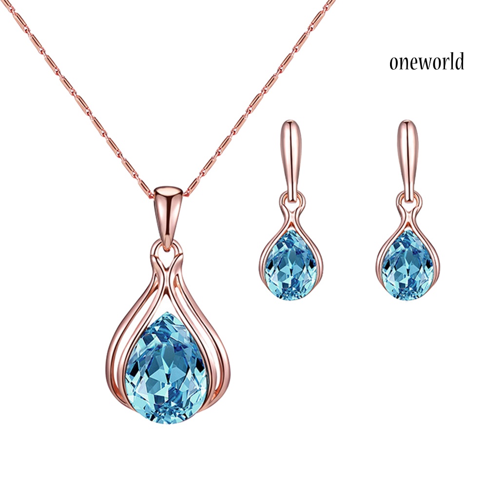 OW@ Women Water Drop Shape Rhinestone Pendant Necklace Ear Stud Earrings Jewelry Set