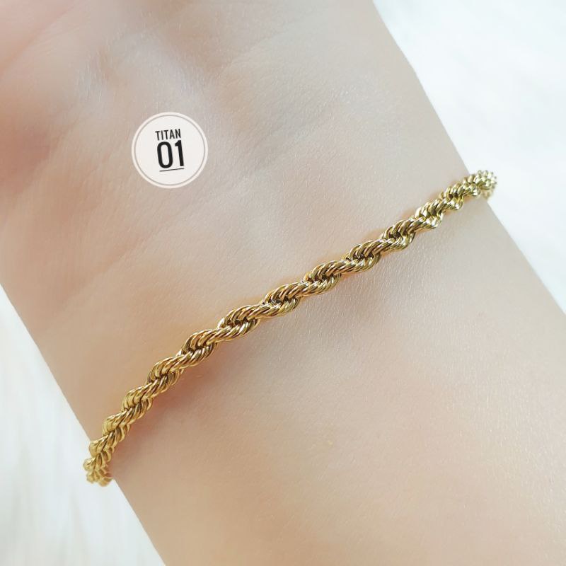 Gelang Wanita titanium anti karat model tambang warna gold