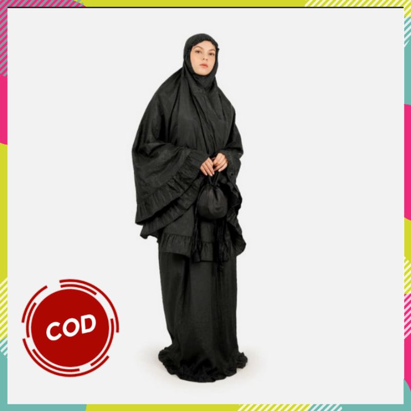 Mukena Parasut Dewasa Model Rempel | Mukenah Parasit Travel Polos - Hitam
