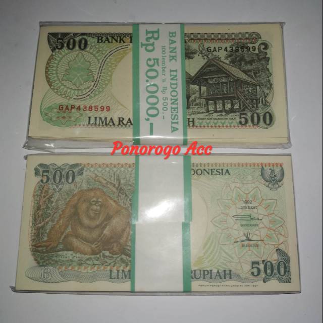 (GRESS/UNC) Uang kuno 1 Gepok 500 orang utan tahun 1992 uang kuno rp 500 monyet 100 lembar