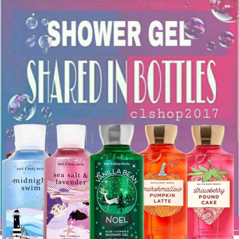 BBW SHARE IN BOTTLE SHOWER GEL 30 ML PART 2/2 winter candy apple vanilla bean noel dessert wildflower beachfront blanket0 sea salt lavender vanilla rainbow sprinkles cotton candy champagne wild lime gardenia blooming gardenia dream in the sky coconut palm