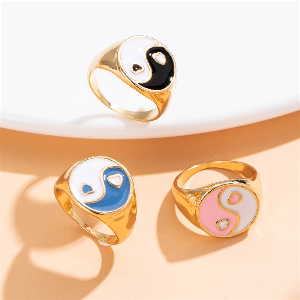 Vintage Y2K Heart Dripping oil Tai Chi Ring INS Fashion Metal Enamel Colorful Tai Chi Gossip Finger Ring Female Fashion Jewelry