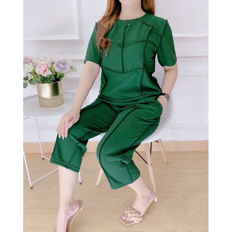 Amiko One Set Celana Kulot Kaos Wanita Shine Atasan Knit Import Kaos Sage Green Jumbo Ld 108 L Celan