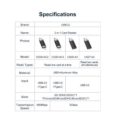 Card reader orico usb 3.0 Tf micro sd SD 5Gbps dual reading adapter cs2t-a3 - Pembaca kartu memory usb3.0