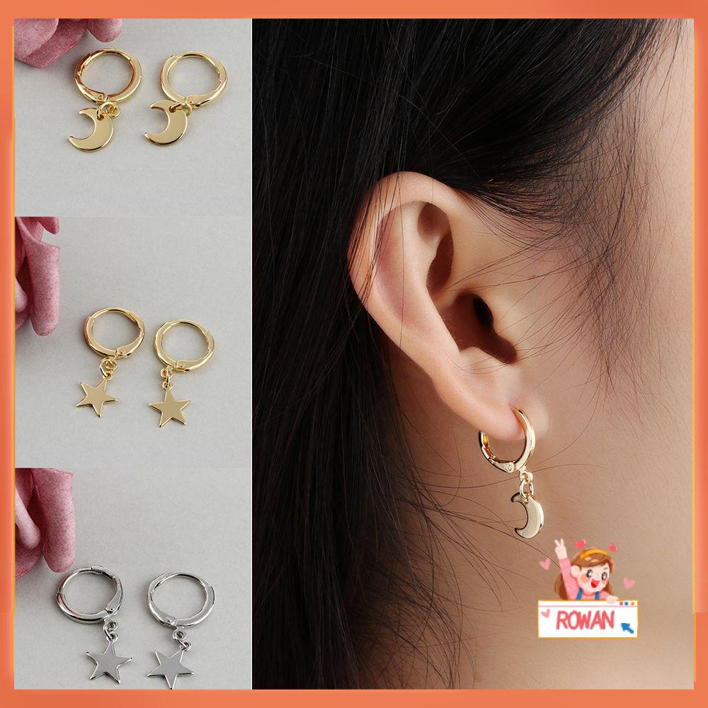 Anting Hoop Tindik Telinga Bentuk Bulan Bintang Kecil Warna Emas Silver Untuk Wanita Charms