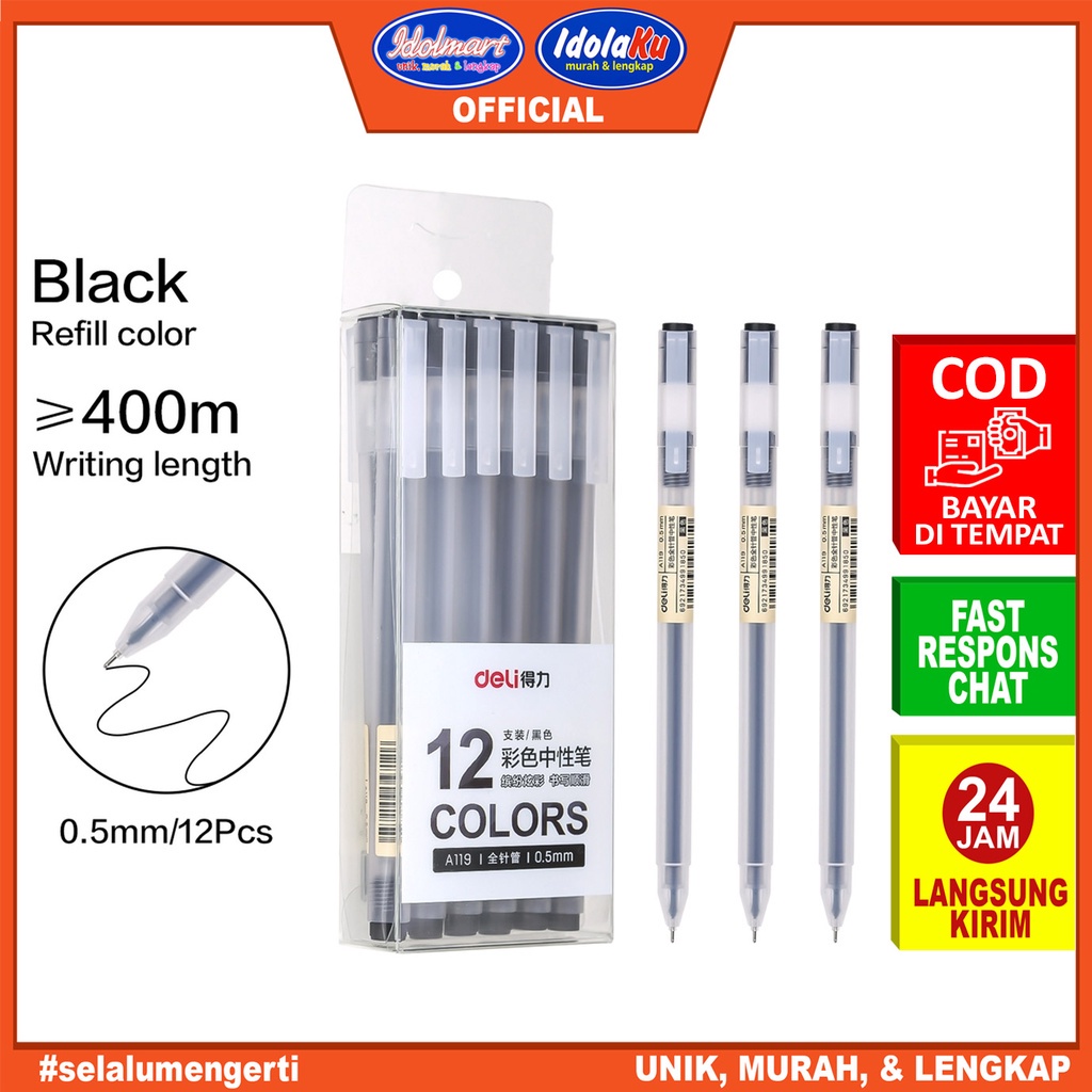 

IDOLMART Deli Pulpen Gel Pen A119 Hitam / Tip 0.5mm Panjang Penulisan Hingga 400m /pcs Deli Bandung