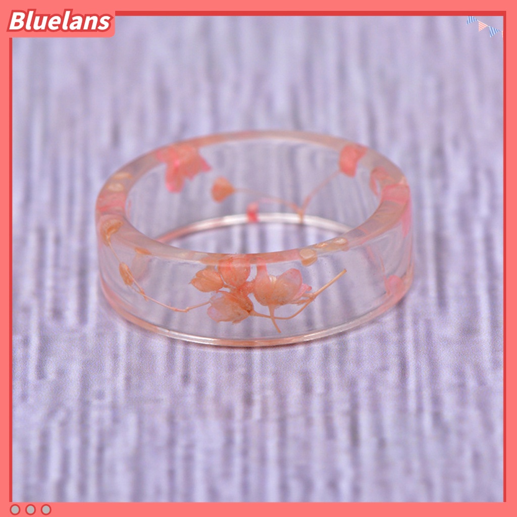 Bluelans Cincin Resin Transparan Aksen Bunga Kering Handmade Gaya Retro Untuk Wanita