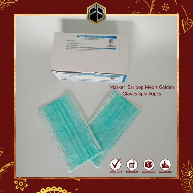 Masker Golden Gloves Earloop KEMENKES 3ply Hijau Kualitas Premium Medis Dewasa 1 Pack isi 50 pcs