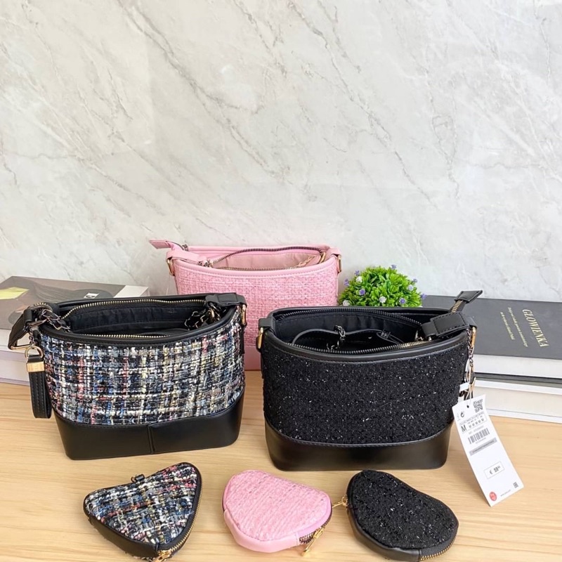 Tas Selempang Wanita ZR Tweed Slingbag with Gift Set Box Premium Import Hitam Black Pink Combine Lea