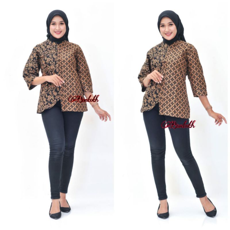 tey-17 Batik wanita ASJ SA HRB026 Kenongo Kemeja Tosca Pendek-Coklatan