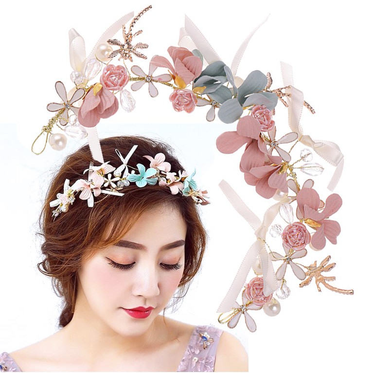 Deartiara Tiara Aksen Bunga + Mutiara Warna Pink Untuk Aksesoris Rambut Pengantin Wanita