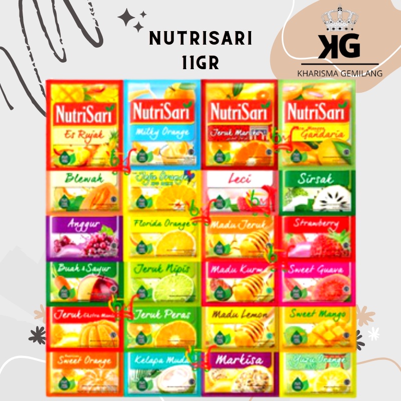 

NUTRISARI - NUTRISARI 11 gr (1 PCS) Minuman Anak Saset Sachet Rasa Jeruk Peras Maroko Leci Lemon Tea Blewah Jeruk Nipis Manado Madu Markisa Semangka Sirsak Anggur Apel Stawberry