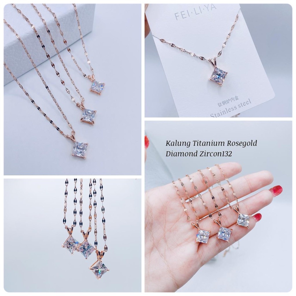 COD! kalung wanita diamond square rosegold import / kalung titanium anti karat