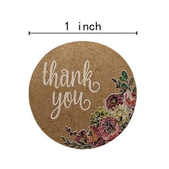 Paper Tags - 1&quot; Floral Round Kraft &quot;Thank You&quot; Sticker #01 (10 Pcs)