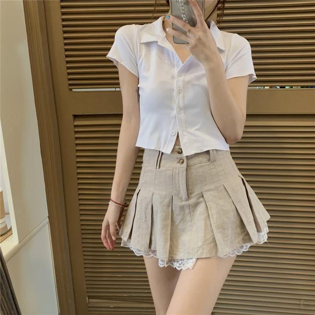 #Sisjuly# Korea GadispoloKerah Cardigan Lengan PendekTT-shirt+Desain Katun dan Linen Renda Jahitan Lipit Rok P