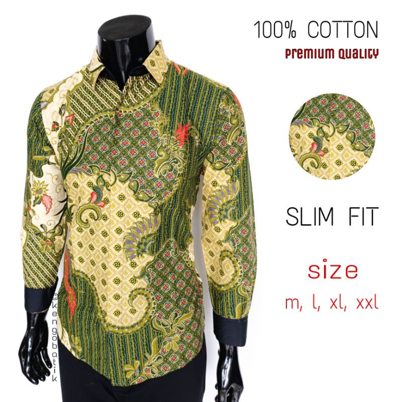 BATIK KEMEJA PRIA PANJANG PREMIUM | BATIK SLIM FIT KATUN HIJAU KENGOBATIK