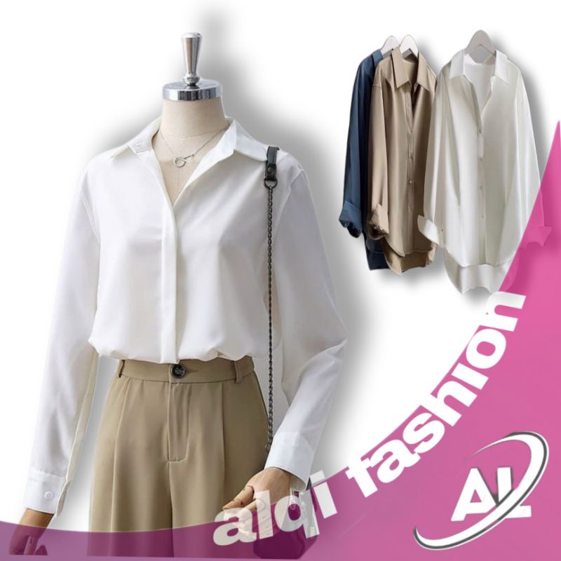 KAMEJA CASUAL WANITA /ALEN TOP/KAMEJA KOREA STYLE POLOS - Putih