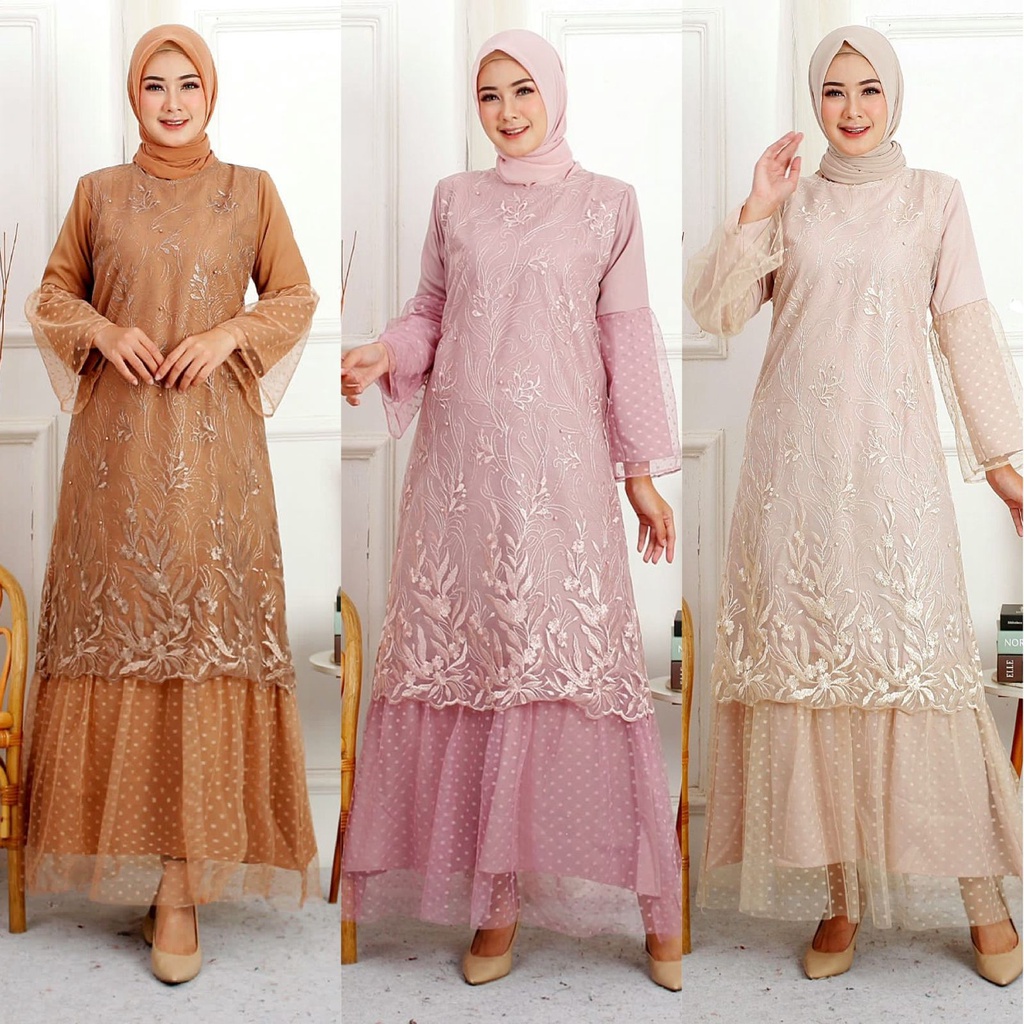 (FULL BRUKAT) Gamis Bilqis Brukat Tile Mix Tille Dotty Maxi Muslim Mewah Pesta Kondangan Murah