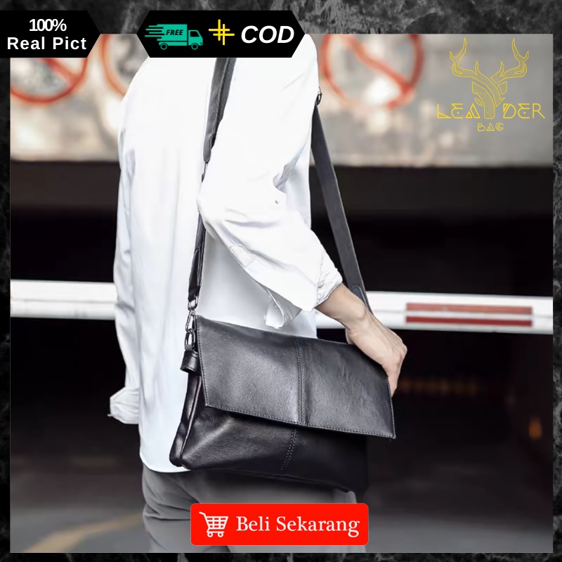 Tas Selempang Kulit Pria Kerja Original Waterproof Model Terbaru Warna Hitam Dan Coklat | Tas Slingbag Messenger Kulit Cowok Distro Ori Keren Anti Air TANGO B50