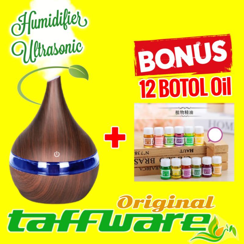 Humidifier Diffuser Aromaterapi Oil LED Aromatherapy Disfuser Ultrasonic Taffware Pelembab Udara-Coklat Tua + 12 Oil