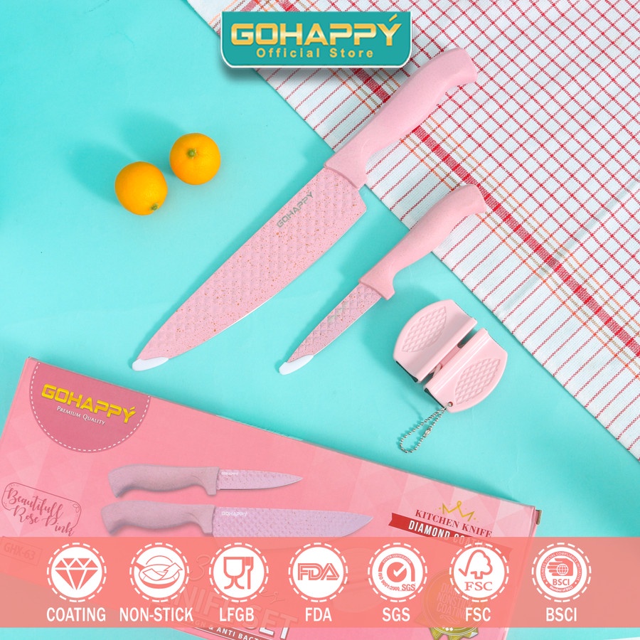 DIAMOND KNIFE SET GOHAPPY Pisau Set Diamond 3 pcs GHX63 Termasuk Pengasah tersedia warna Great tosca