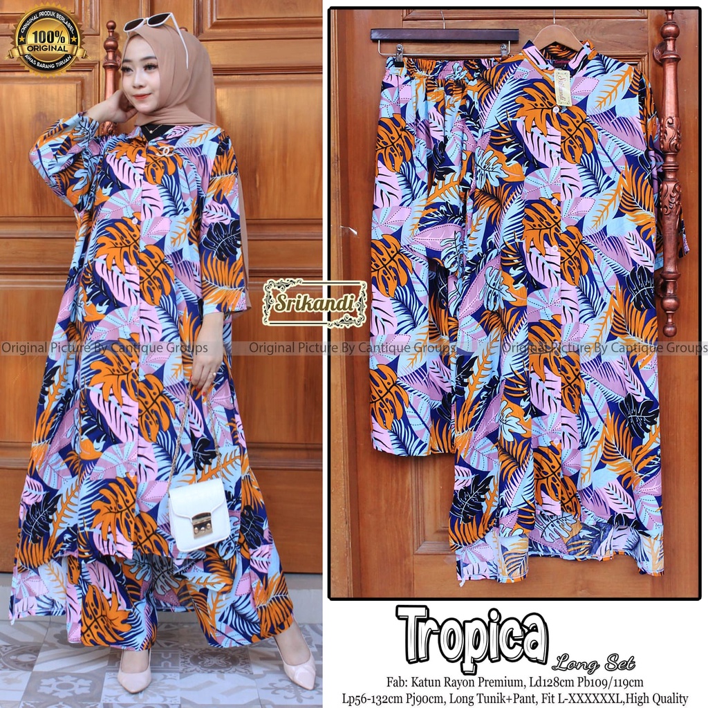 TROPICA LONG SET BY CANTIQUE SETELAN ONE SET SETCEL TUNIK PANTS MUSLIM CASUAL JUMBO MOTIF BUNGA BAHA