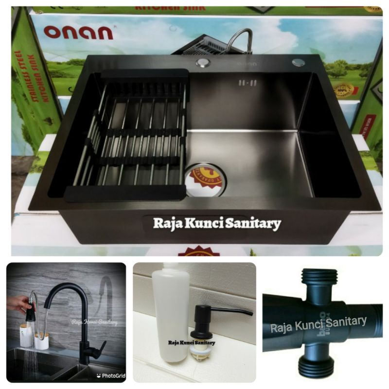 Paket Lengkap Kitchen Sink 5040 Black Onan/Golden Hand+Kran Tarik Panas Dingin Hitam/Black