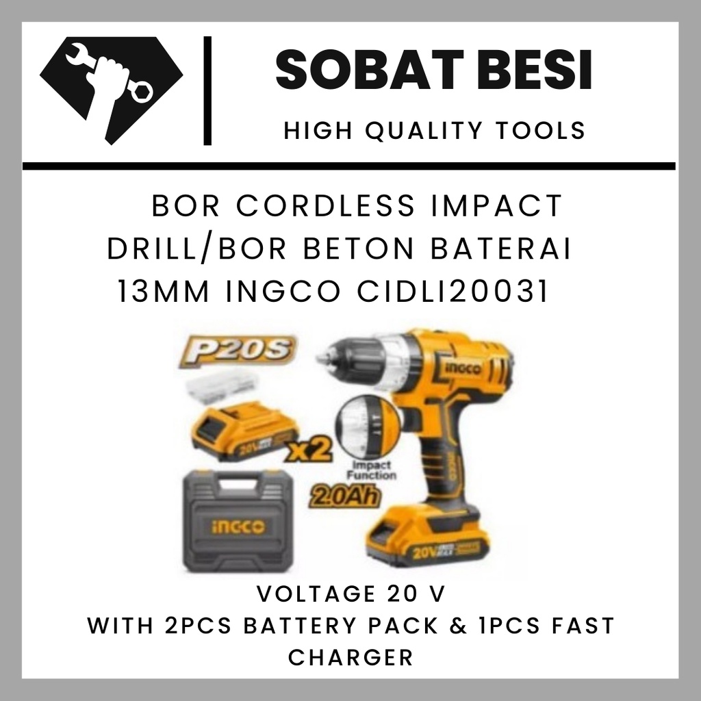 Bor Cordless Impact Drill / Bor Beton 13mm Baterai INGCO CIDLI20031
