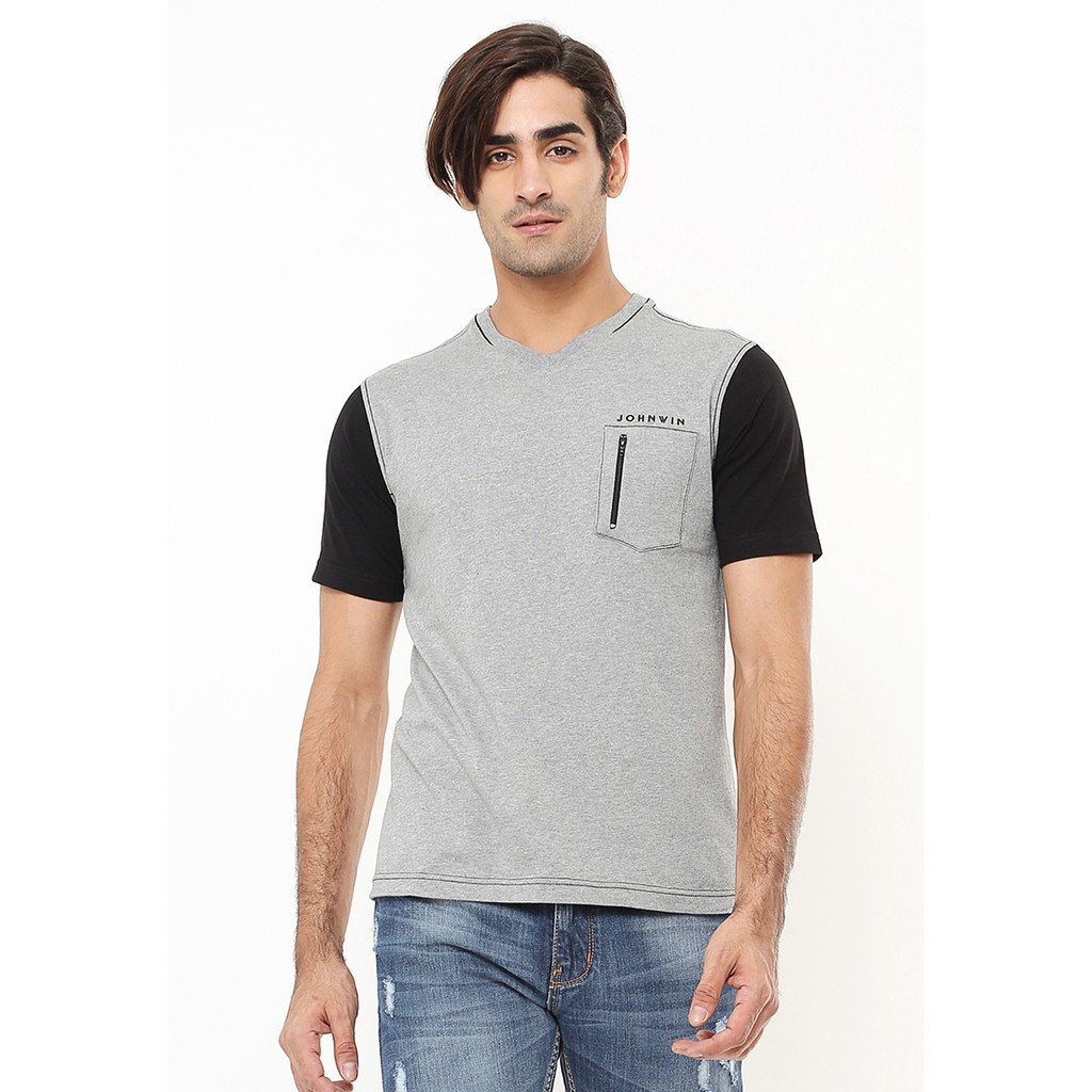 Johnwin - Tshirt Kaos Casual - Kaos Pria - Kantong Zipper - Abu - Slim Fit - ATS.622.M186.39.C