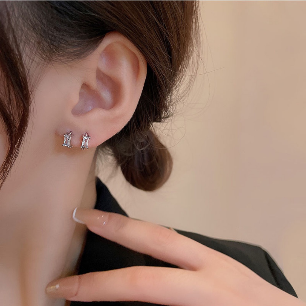Korea Gaya Sederhana Hoop Klip Anting Elegan Wanita Fashion Perhiasan S925 Sterling Perak Persegi Panjang Zirkon Earrings